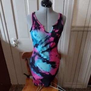 SHEIN Black Pink Teal Tie-Dye Notch Neck Tank Dress